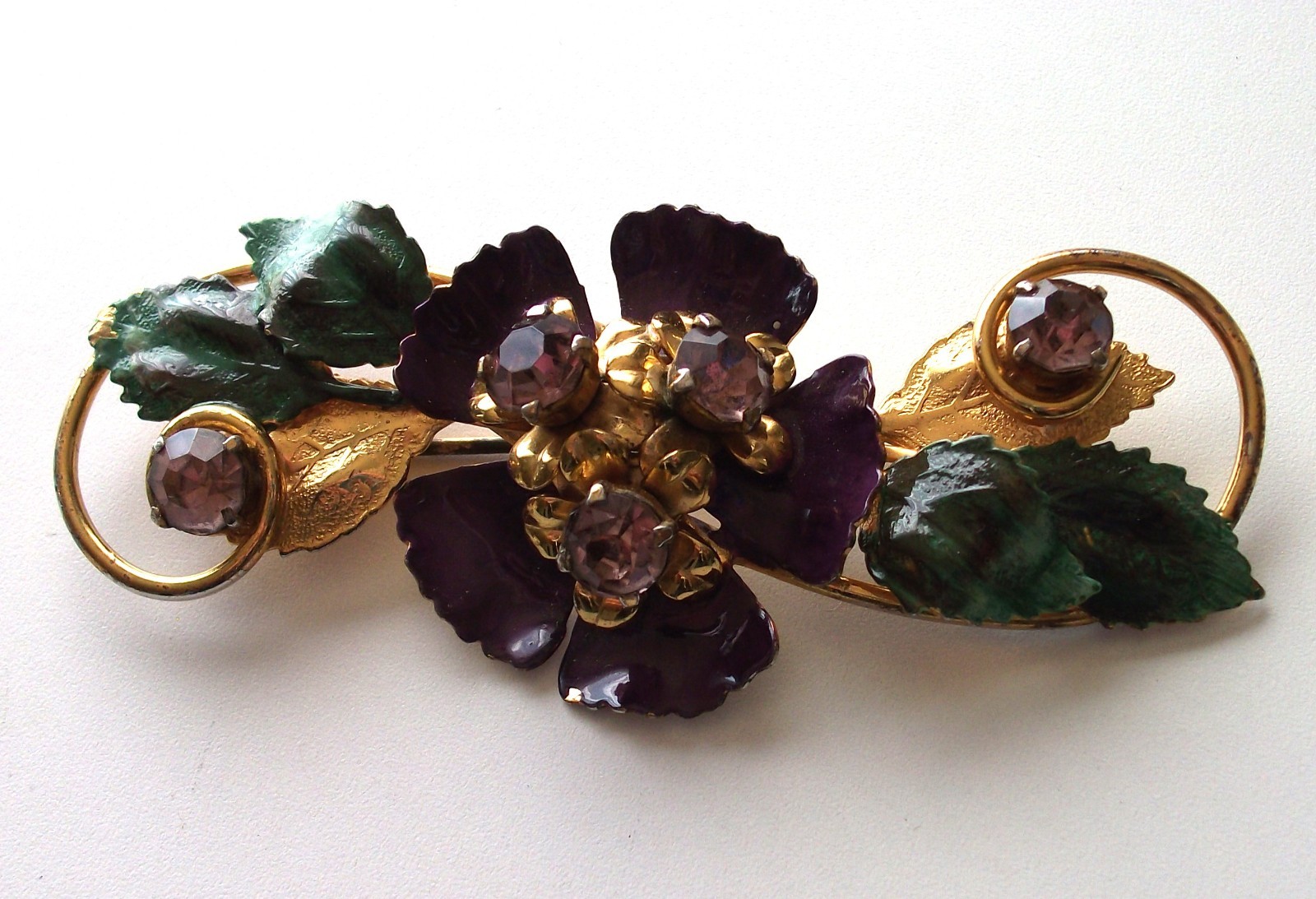 Lg.Sterling silver,Gold tone,enamel,vintage brooch,flower,purple,crystals,