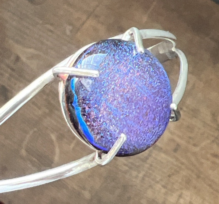 Vintage Sterling Silver Purple & Blue Art Glass Cuff Bracelet