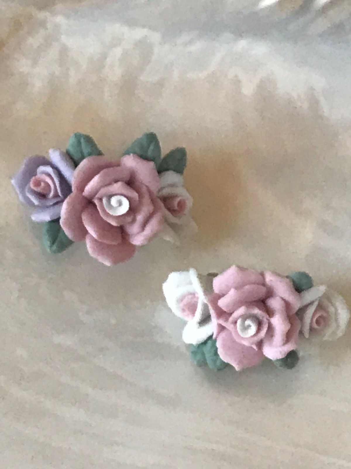 Estate Lot of 2 Purple Pink White Dimensional Porcelain Pin Brooch – AS-IS – 1.5