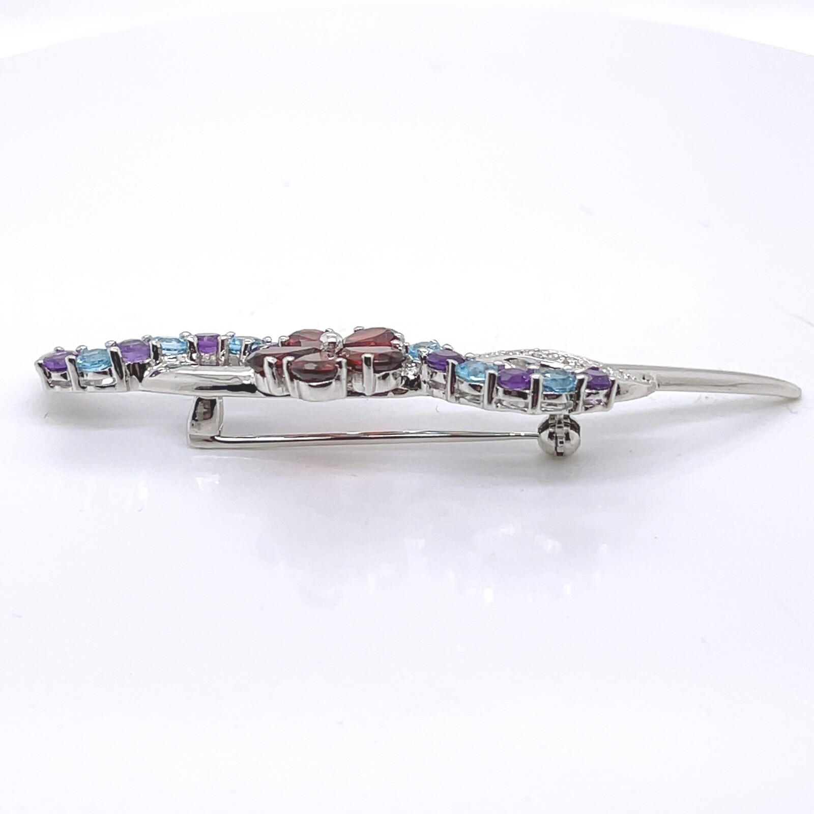 14 Karat White Gold, Diamond, Spinel, Amethyst, & Garnet Flower Brooch – 14k VR