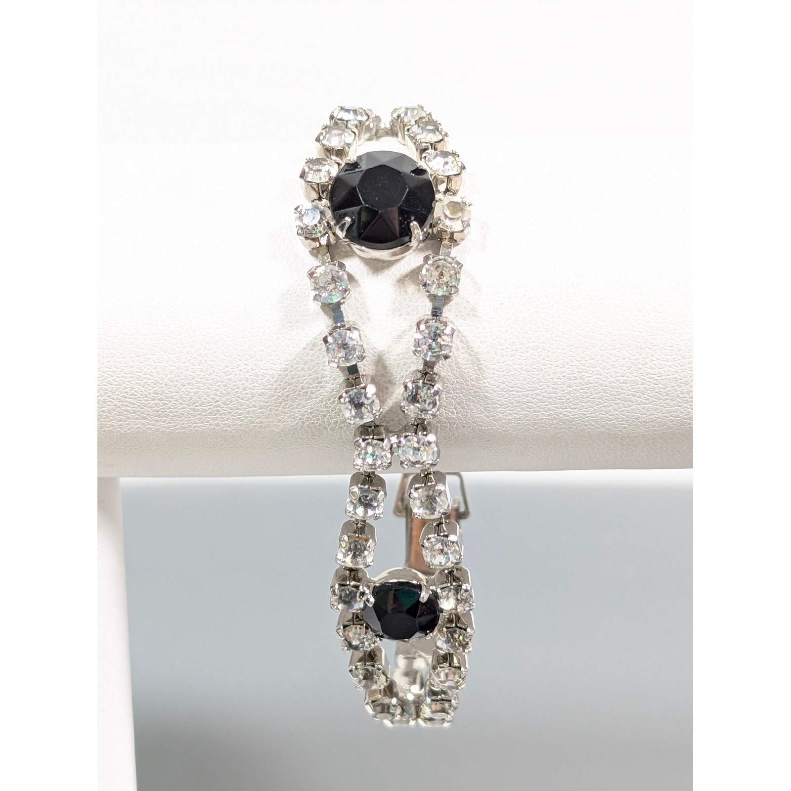 Vintage Black Clear Rhinestone Bracelet Silver Tone Glass Stones 7 Inch
