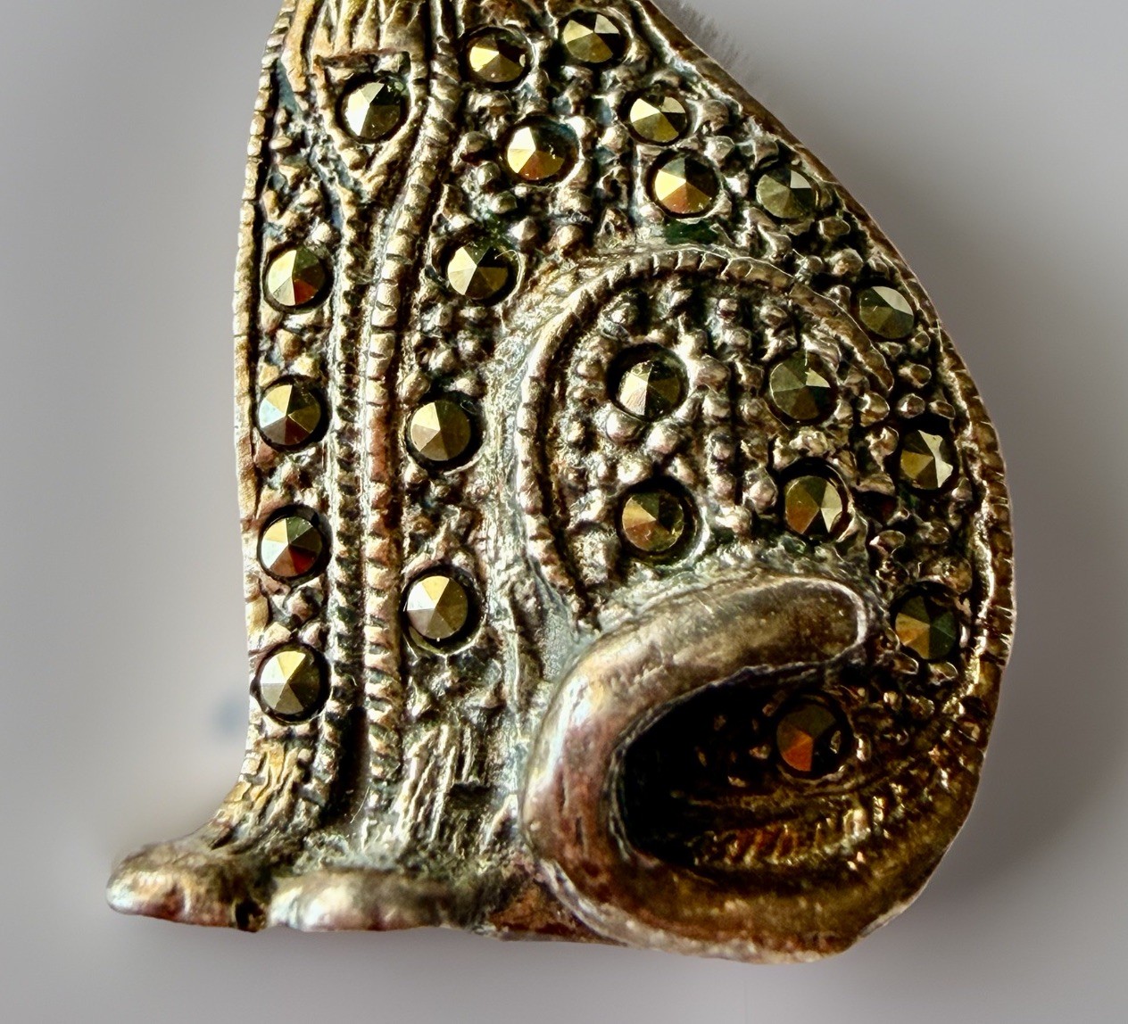 Vintage Sterling Silver 925 Cat Marcasite Pendant With Red Garnet Eyes 1.5”, 6g