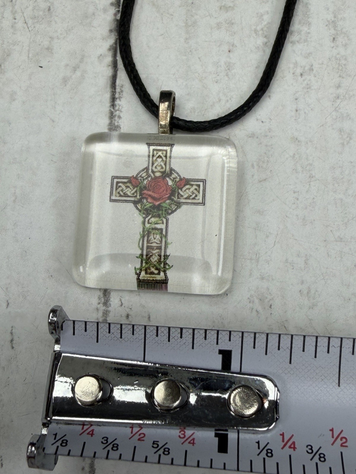 Reverse Carved Lucite Celtic Cross Rose Pendant Necklace Black Cord