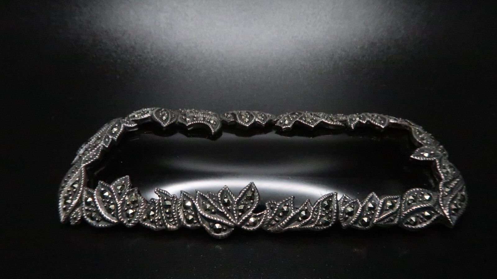 Huge Vintage Sterling Silver Onyx Marcasite Laurel Leaf Brooch 7.5cm BB1