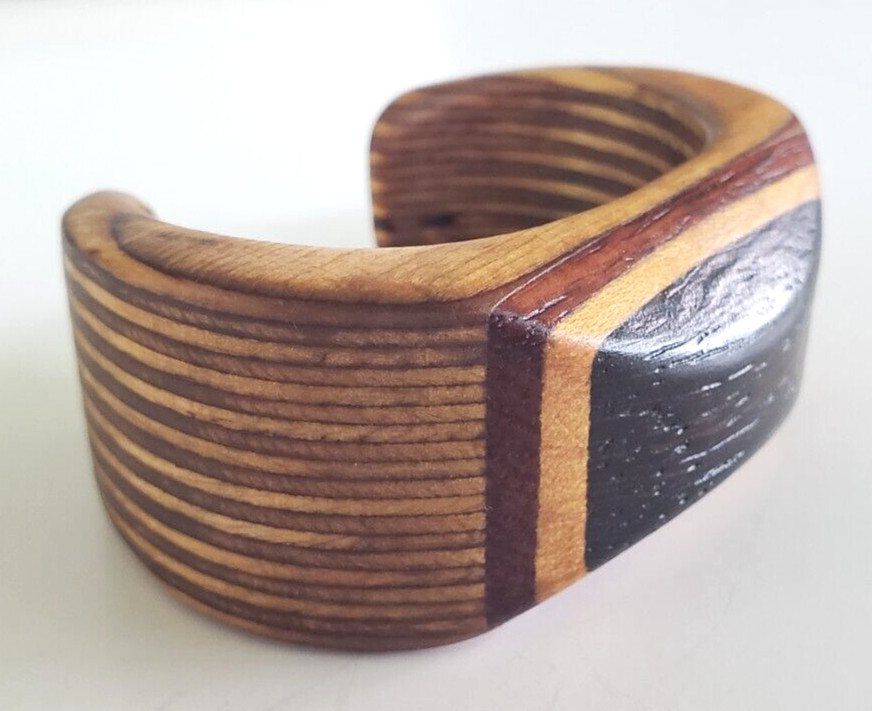 Vintage Inlay Laminated Layered Wood Cuff Bracelet 4-7/8″ Size Small