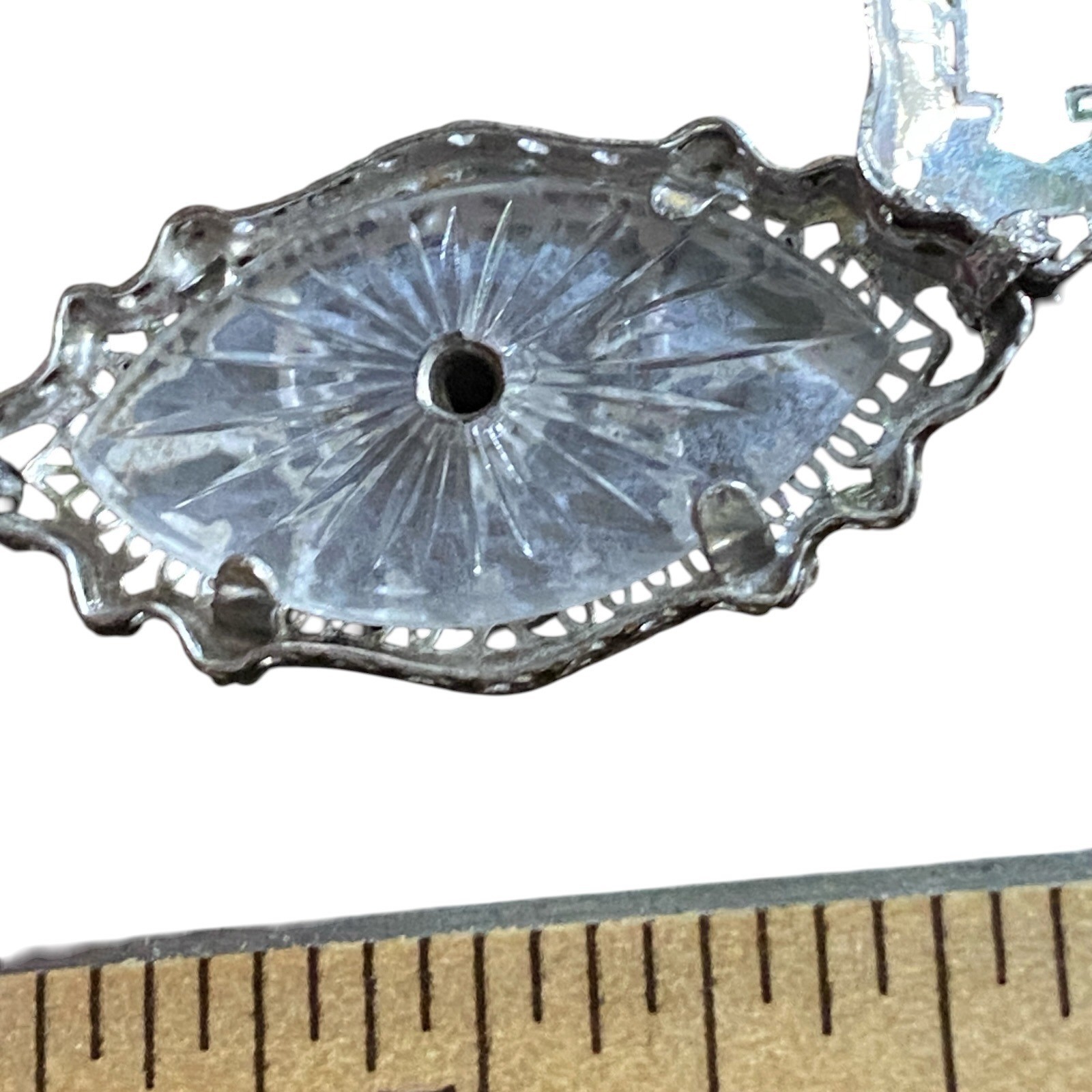10K White Gold Camphor Glass Diamond Art Deco Filigree Bracelet 7.5″