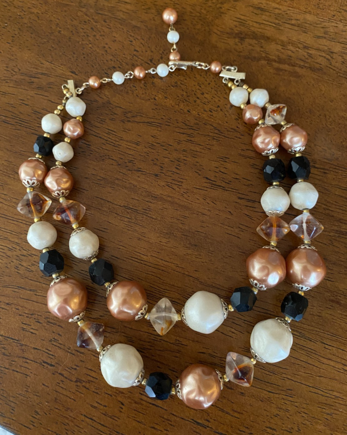 Vintage Japan 2 Strand Necklace Glass & Pearls Black White Brown