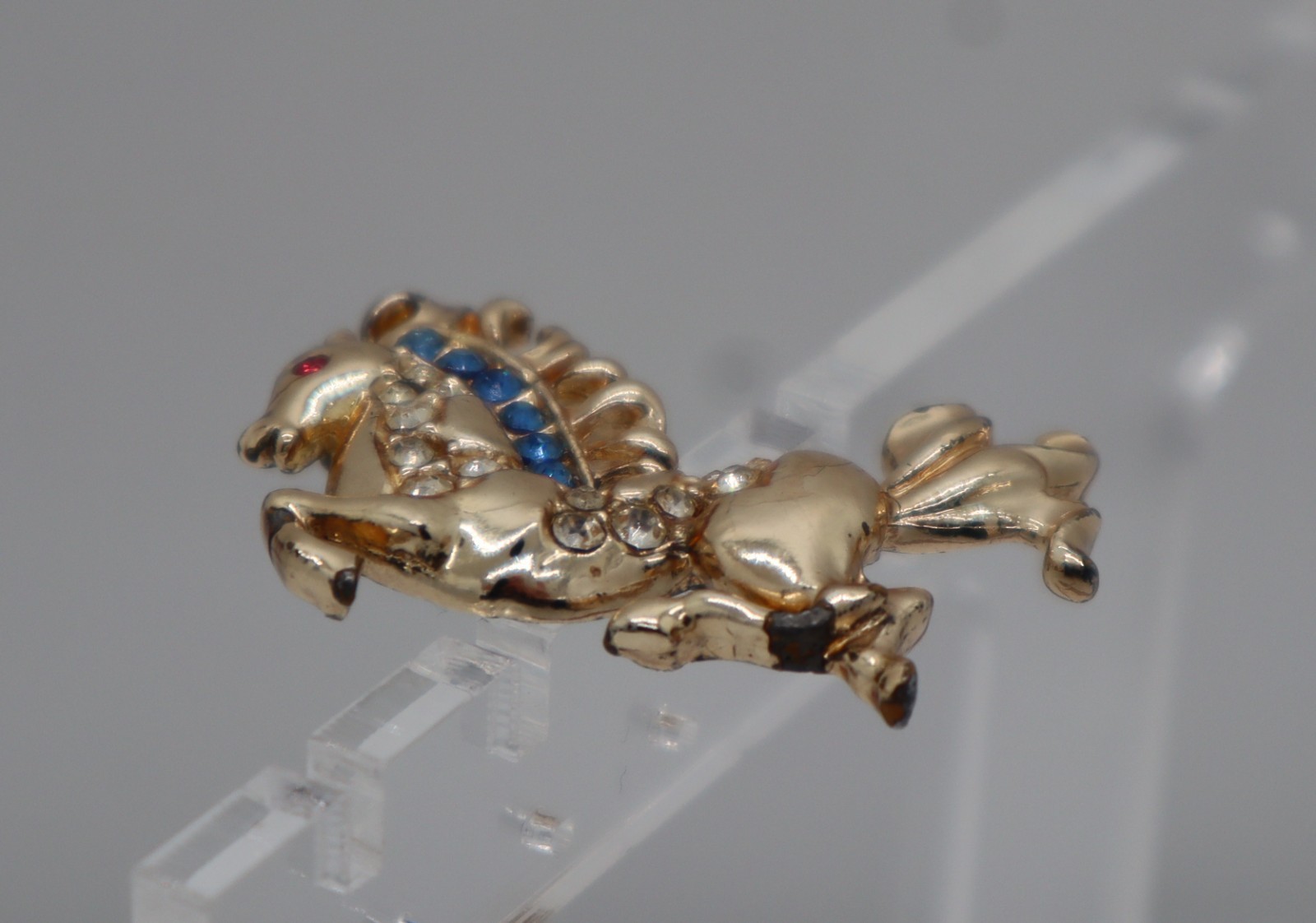 Vintage Figural Carousel HORSE Brooch Pin MCM Blue, Clear, Red Stones Gold tone