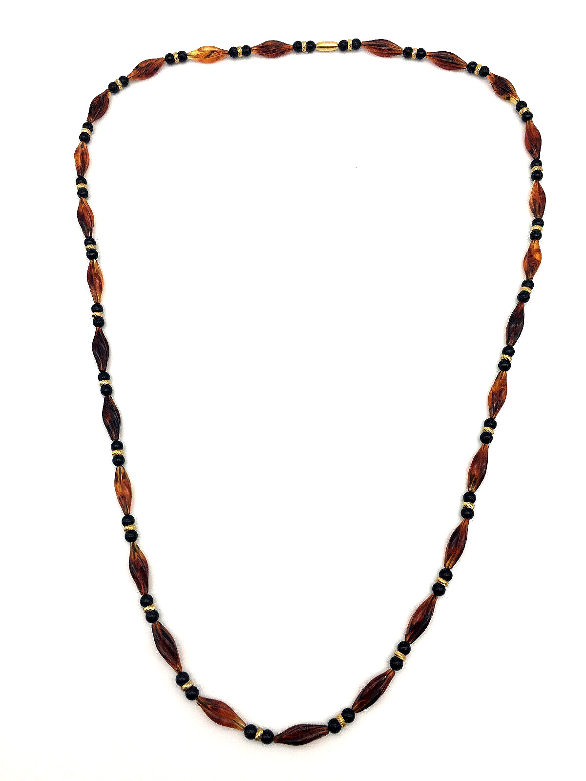 Vintage Honey Amber Twisted/Black Onyx Beads 14K Gold Fill Spacers 38″ Necklace