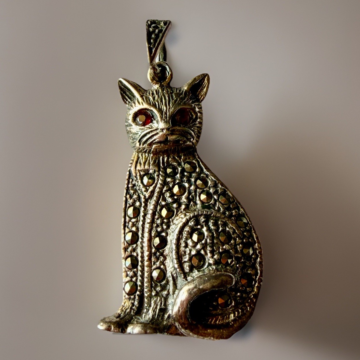 Vintage Sterling Silver 925 Cat Marcasite Pendant With Red Garnet Eyes 1.5”, 6g
