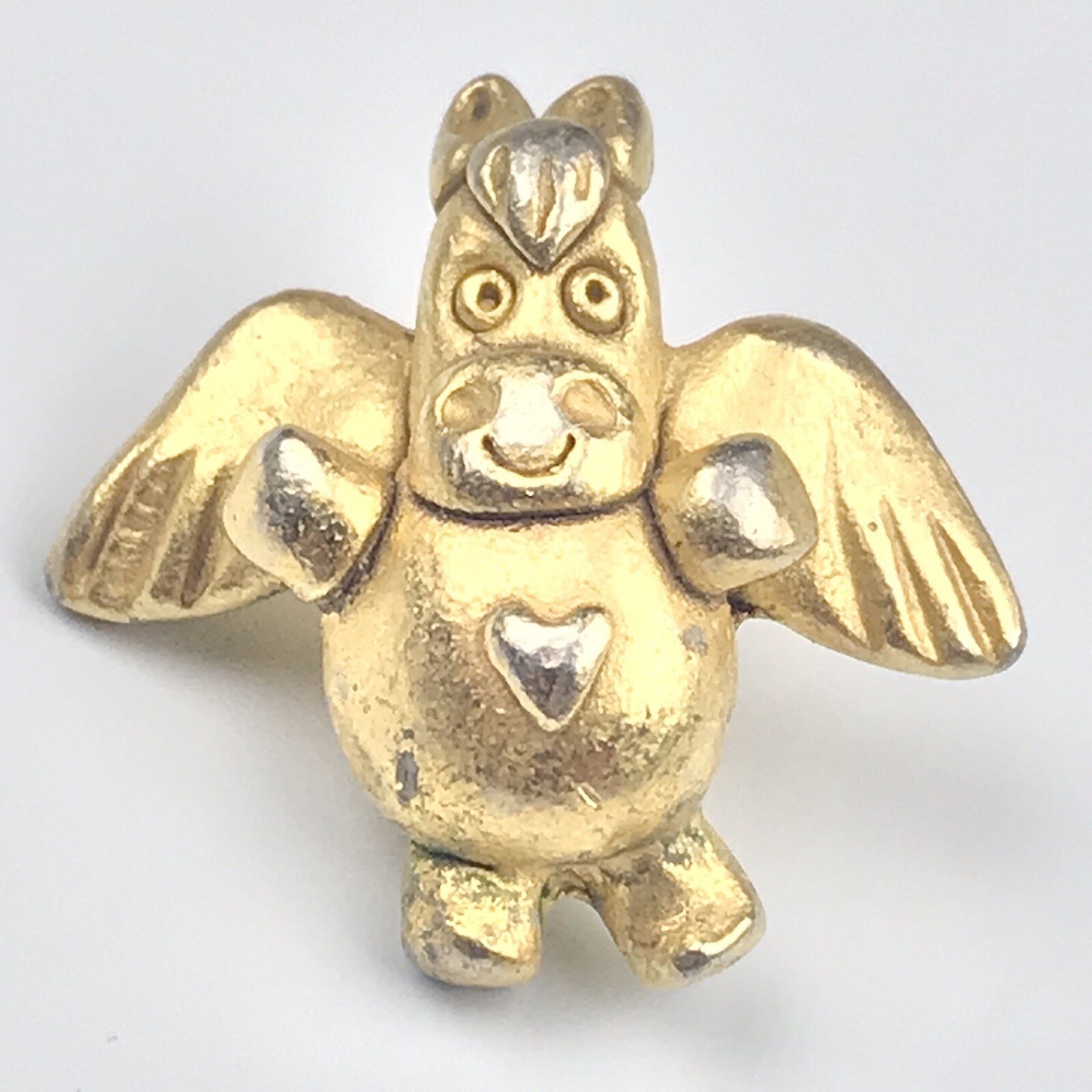 Angel Cow Pin Brooch Gold Tone Vintage Winged Heart Collectible Fantasy Charm