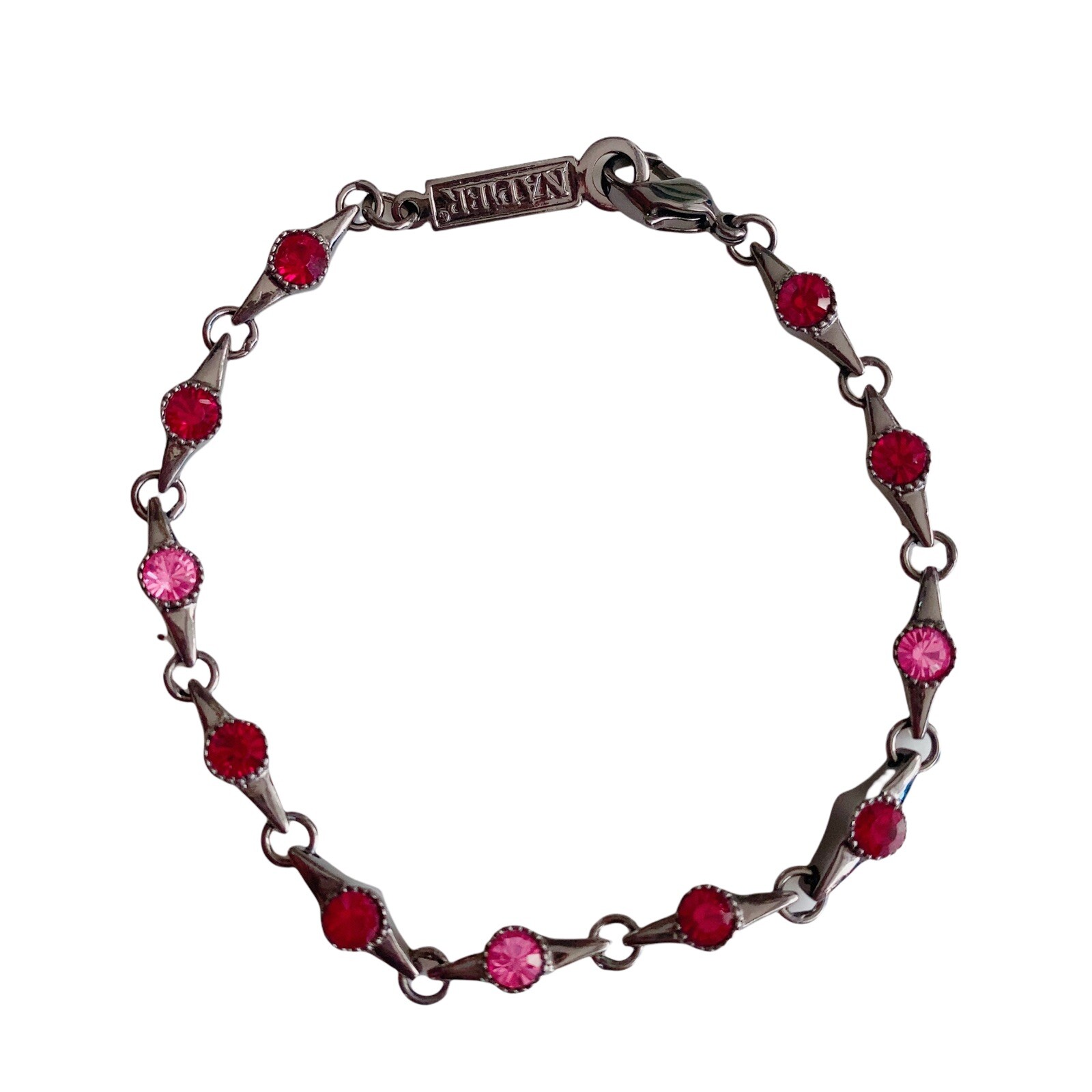 Signed Napier Pretty Linked Pink Red Rhinestone Bracelet Gunmetal 7” Women’s