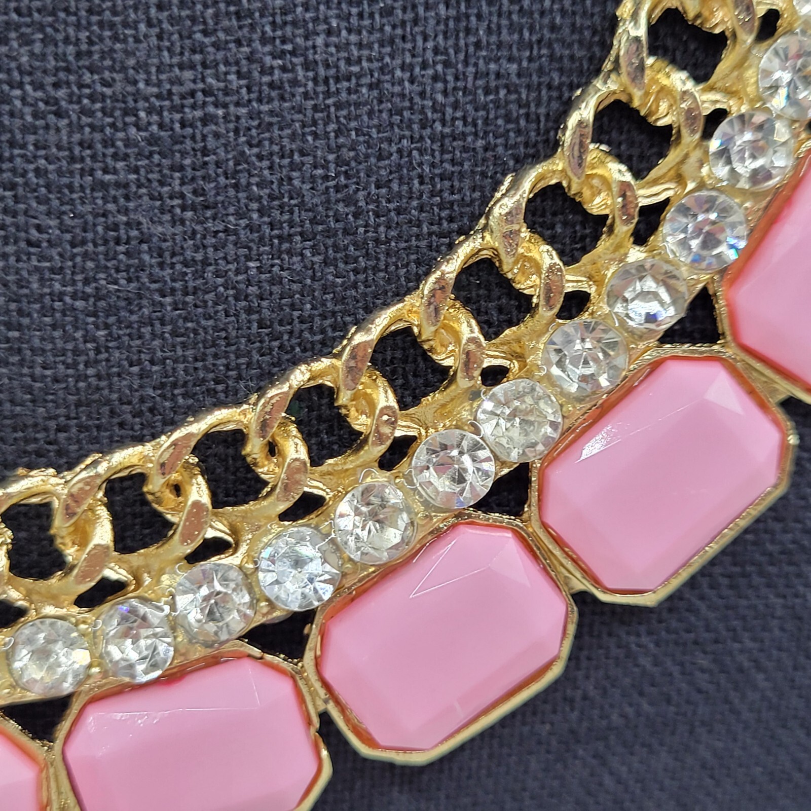 Fancy Rhinestone & Pink Acrylic with Milkglass Style Vintage Gold Tone Necklace