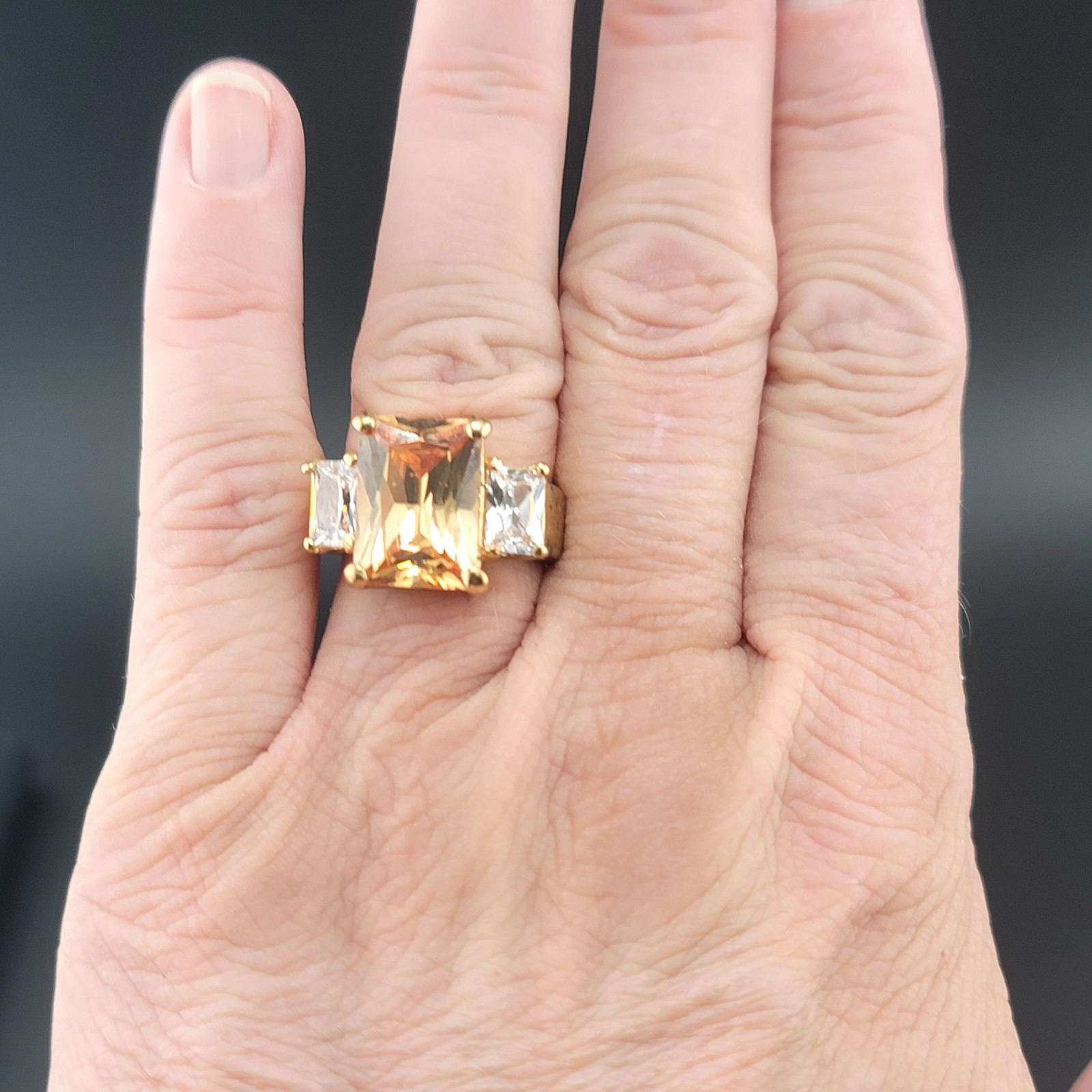 Vtg Sz 7 Ring Lg Citrine Clear Cubic Zirconia 18KGE Fashion Jewelry Glam Classy