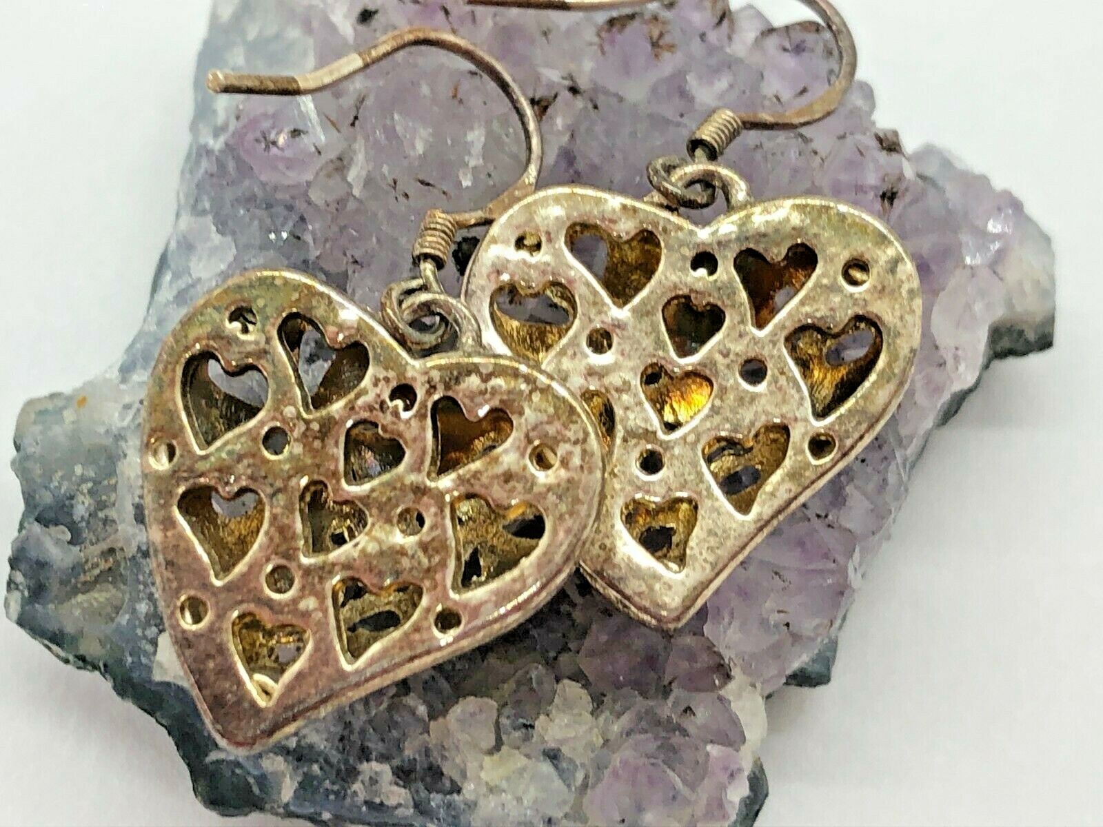 Vintage Sterling Silver Floral Hearts Flowers Dangle Earrings 5.6 Grams