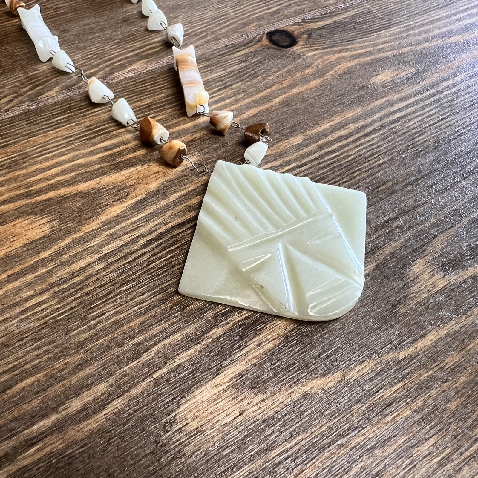 Aztec Hand Carved Stone Necklace Brown White Marble Onyx Alabaster Vintage
