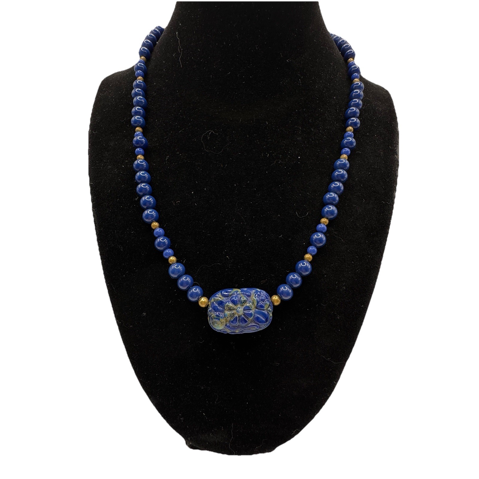 Artisan Blue Beaded Necklace Carved Floral Center Brass Hook Clasp 18″ Handmade