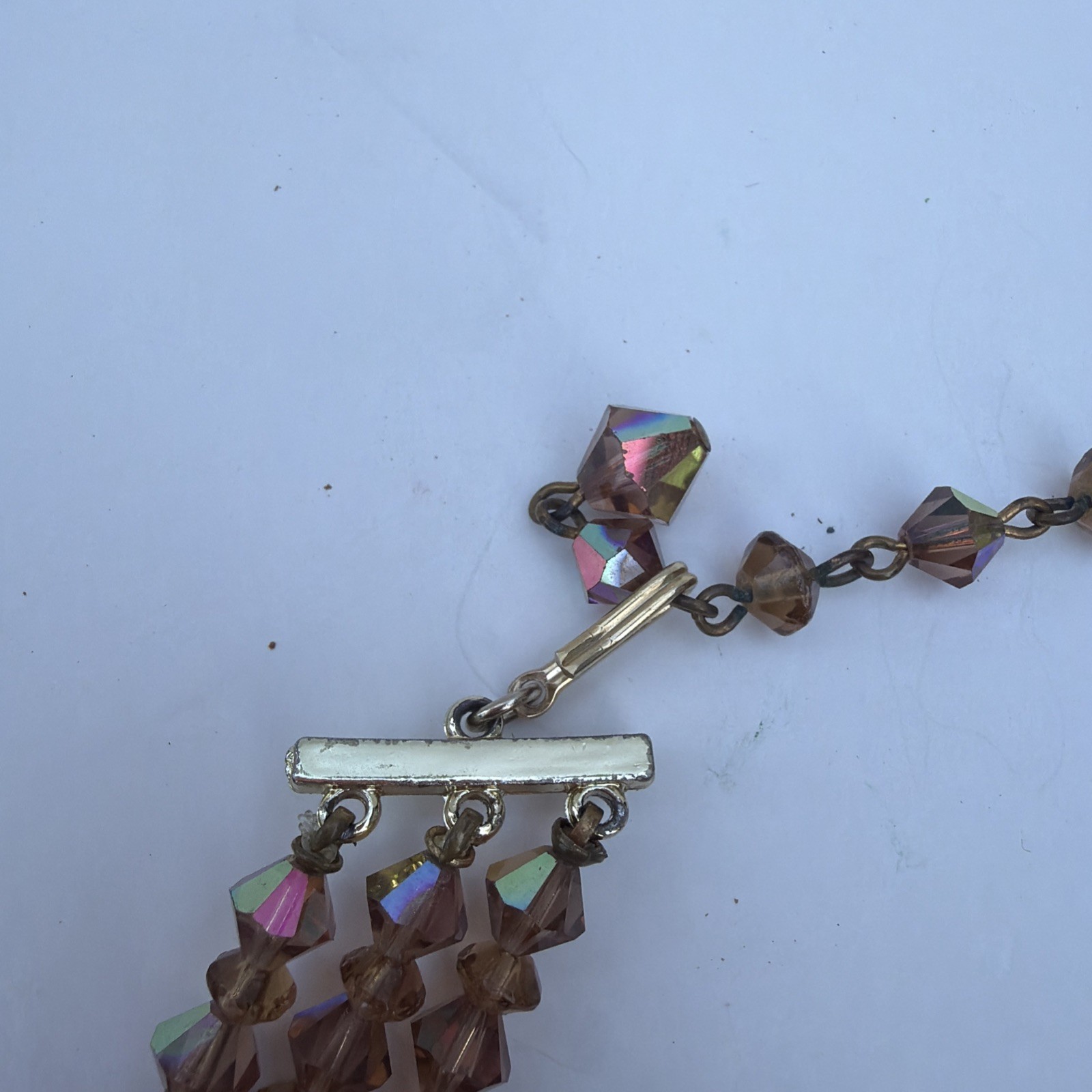 Vintage Graduated Iridescent Three Strand Champagne Bicone Crystal Bead Necklace