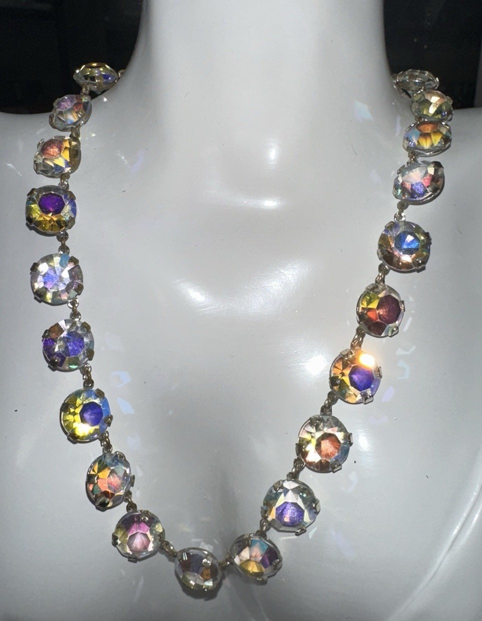 Vntg 1950’s Art Deco Revival AB Faceted Crystal Riviere Necklace Elegant Shimmer