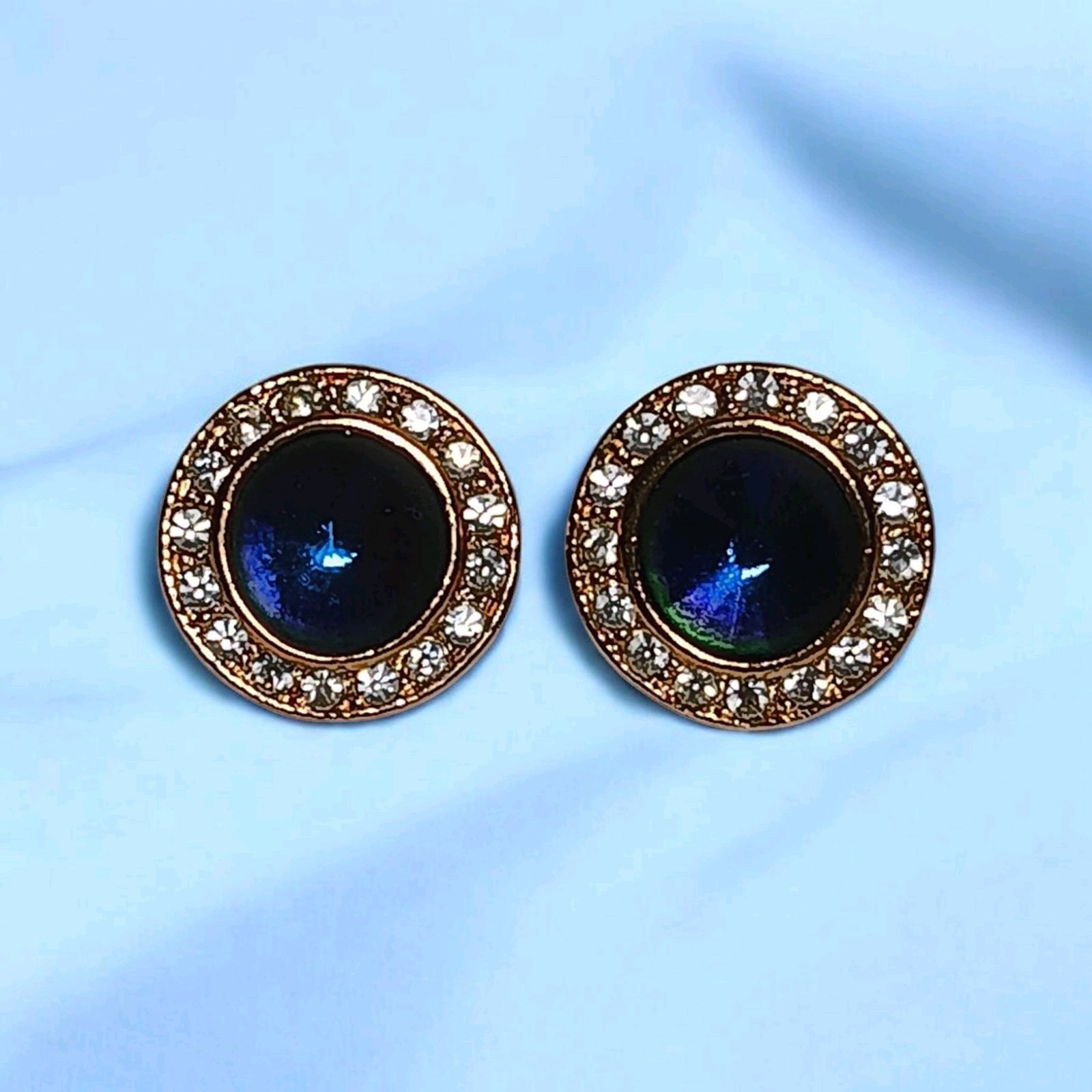 Roman Signed Earrings Violet Blue Rivoli Clear Crystal Gold Tone Round Pierced