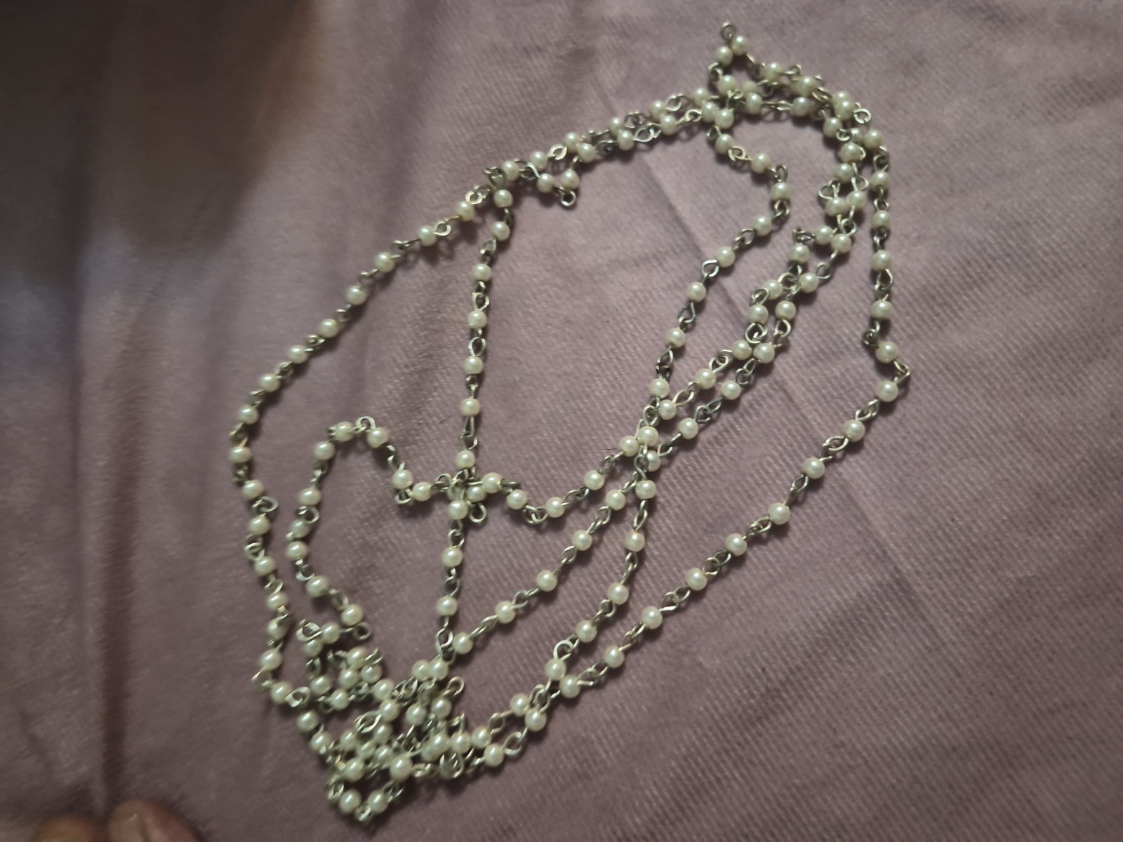 Vintage Long White Rosary Style Station Necklace- No Clasp