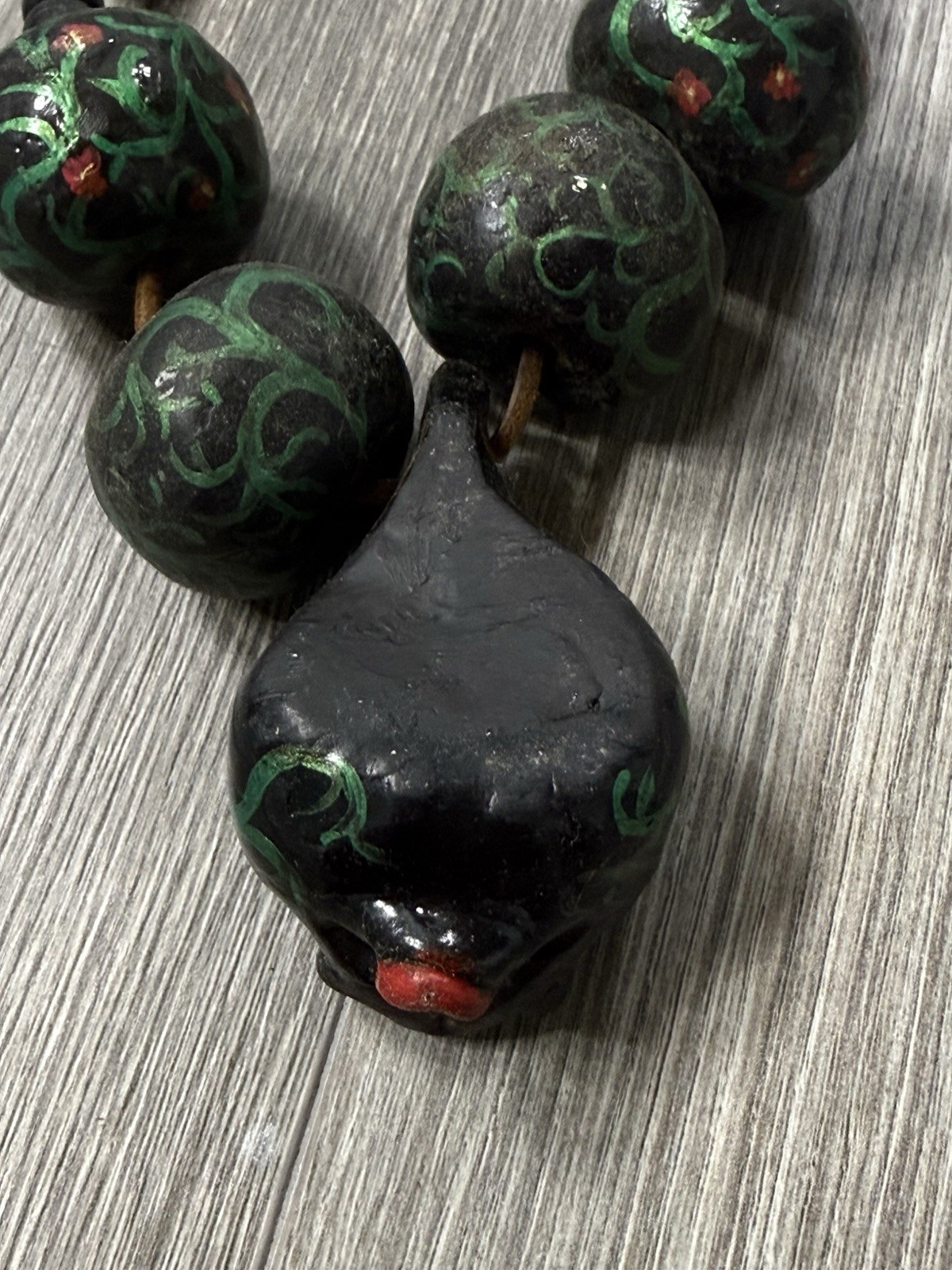 Vintage Folk Art Snake Necklace Hand Painted Beads Leather Cord Tribal Primitive