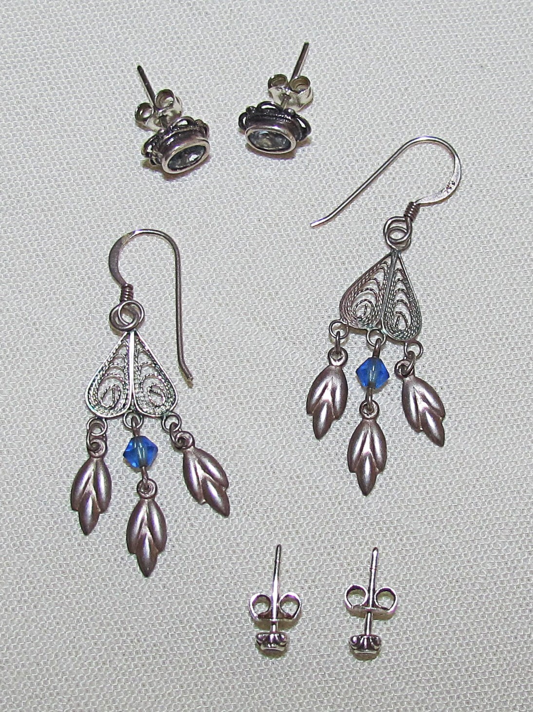 3 Pair Vtg Blue Stone Bead & Sterling Silver Stud Post & Dangle Drop Earrings