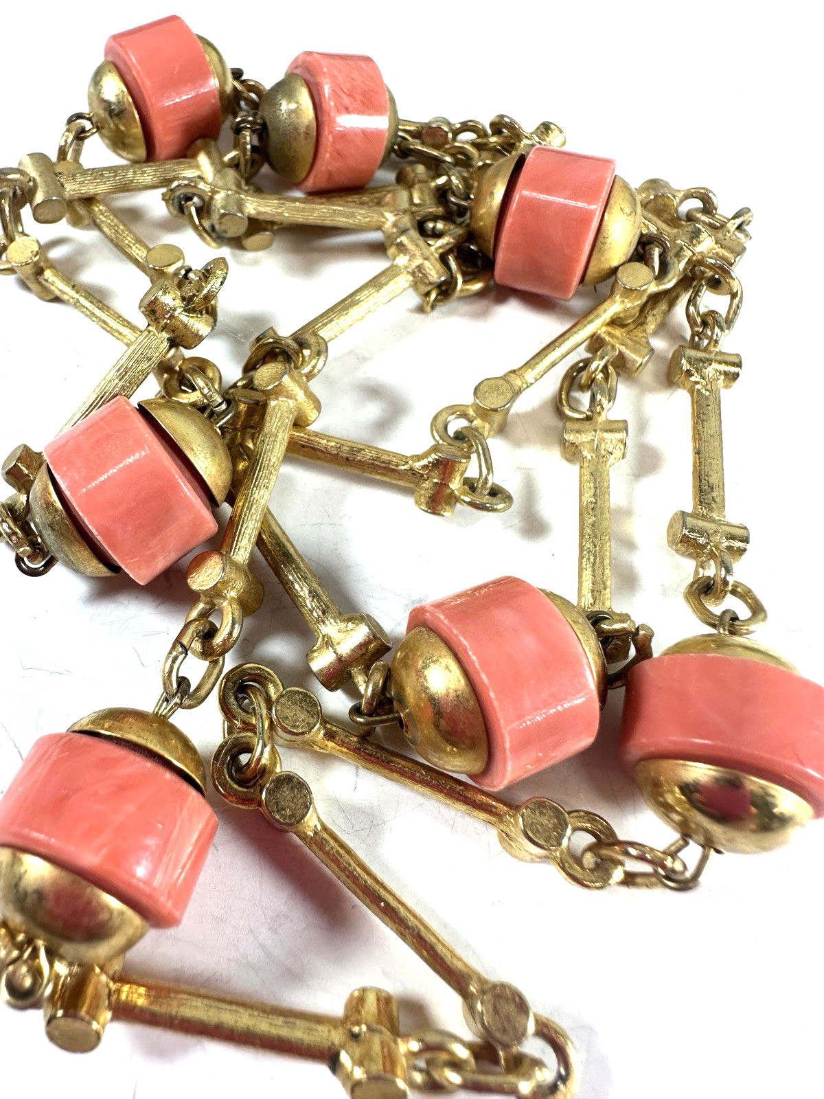 Vintage Necklace Pink Swirl Barrel Bead Goldtone Station Bar Link Spring Ring