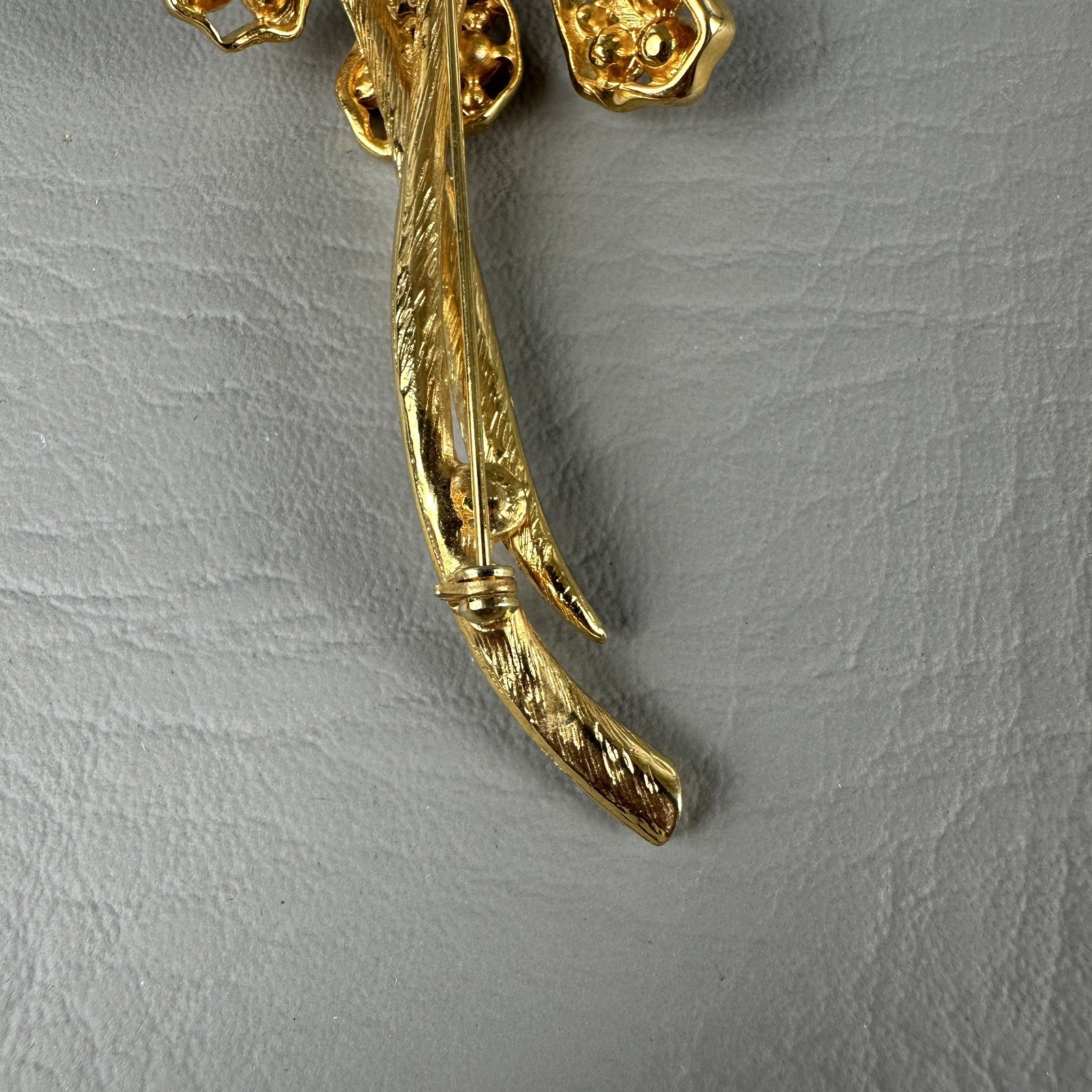 Vintage Flower Brooch Gold Tone Orchid Iris Purple Rhinestones 3.25″