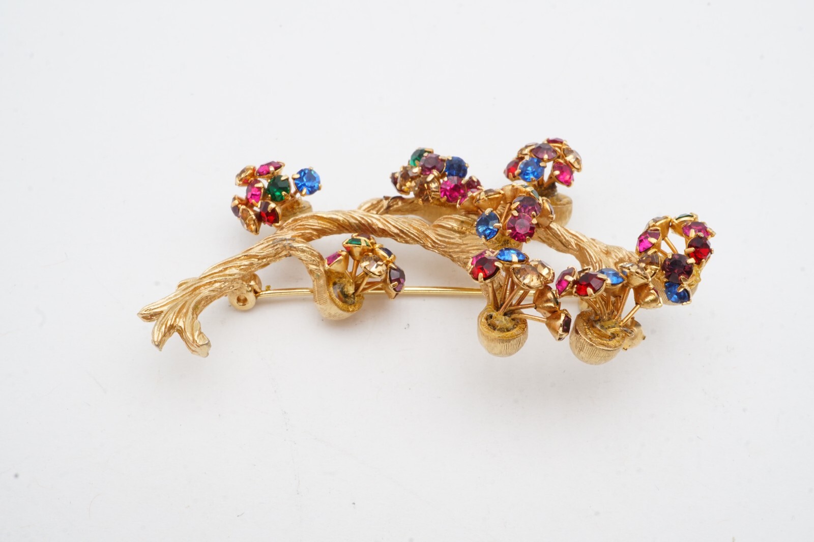 Vintage Brooch Pin Gold Tone Rhinestone Branch Blue Green Red