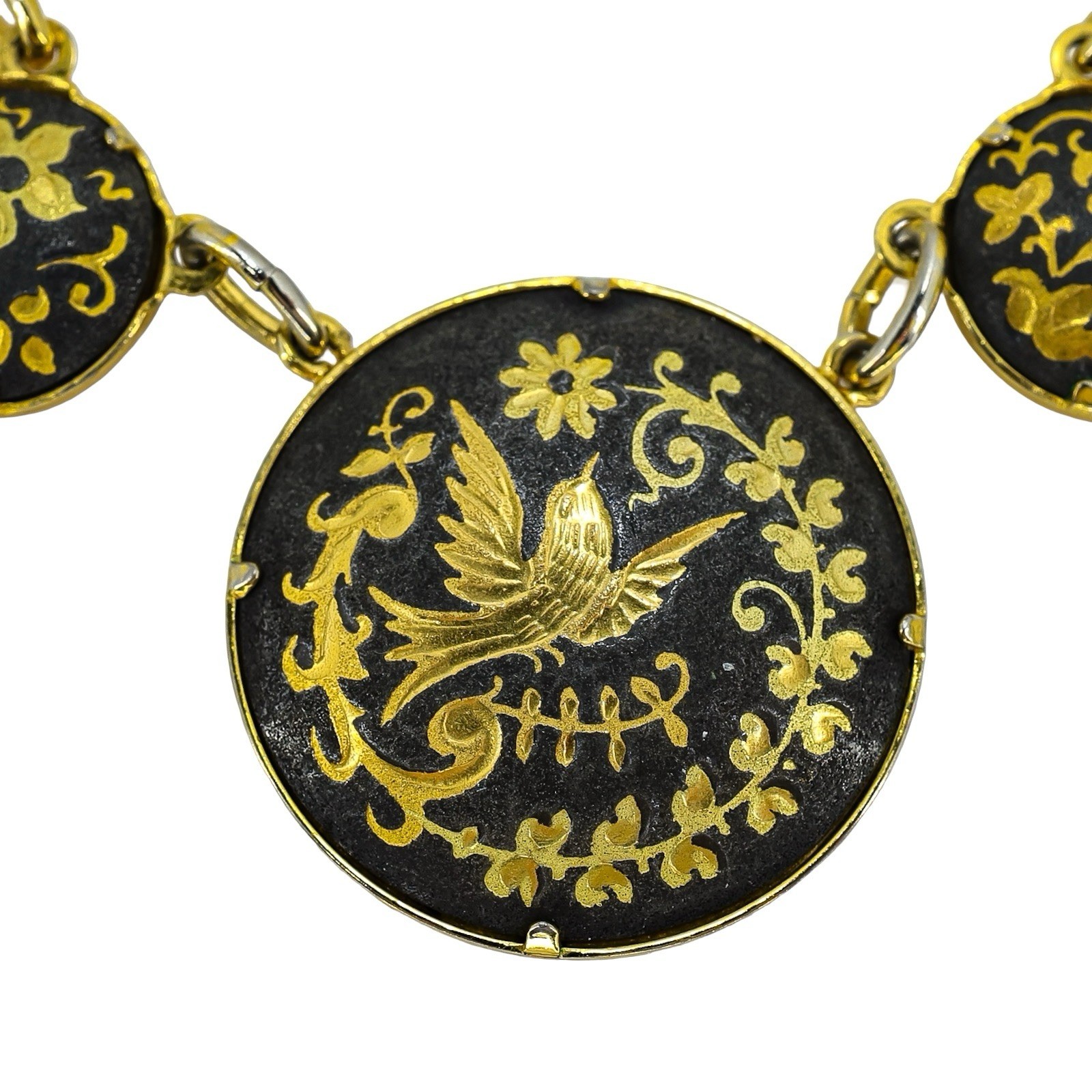 Vintage Mid Century Japanese Style Damascene Coin Charm Necklace Black Gold 18”