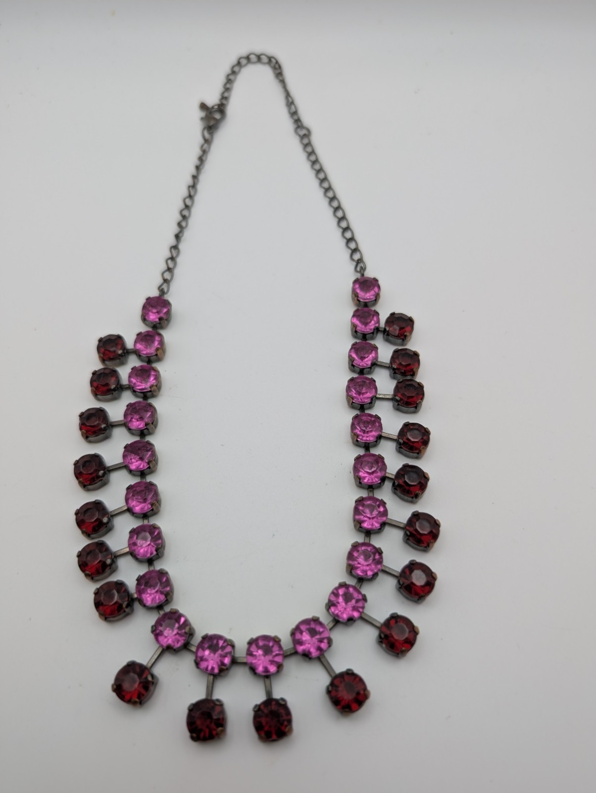 Vintage Rhinestone Fringe Necklace Pink Red Crystal Gunmetal Statement