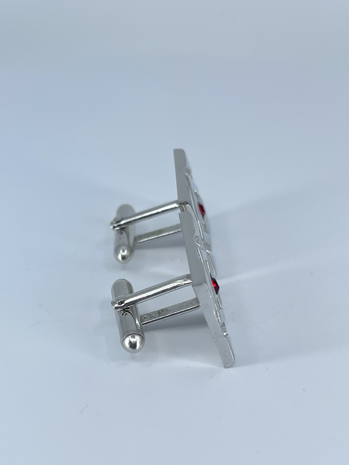 Swank rectangle cufflinks red rhinestone brushed polished silver tone