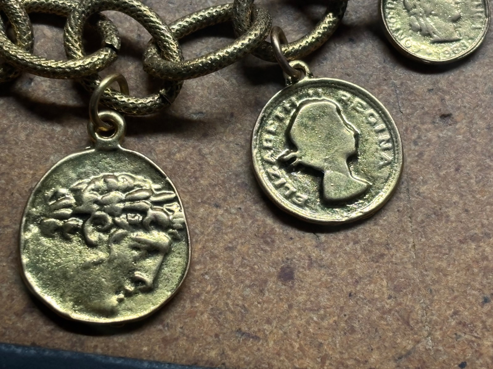 Vintage YOCHI NY Multi Chain Link GREEN ROMAN BRITISH SWISS GOLD COIN Bracelet
