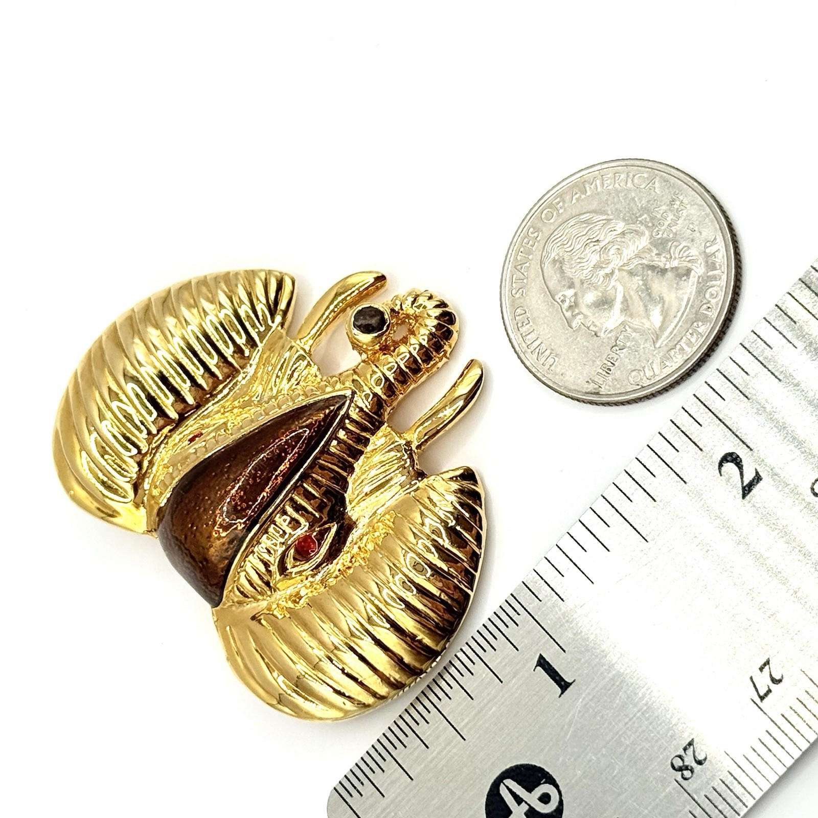 Vtg Goldtone Brooch Pin Elephant Head Textured Tusks Enamel Red Eyes Shiny Z