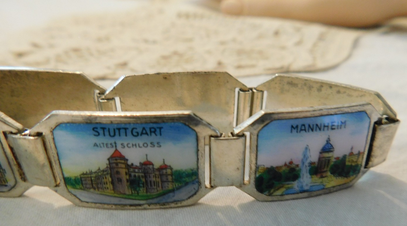 German Vintage Souvenir Panel Travel Bracelet Silver Enamel Munchen Frankfurt