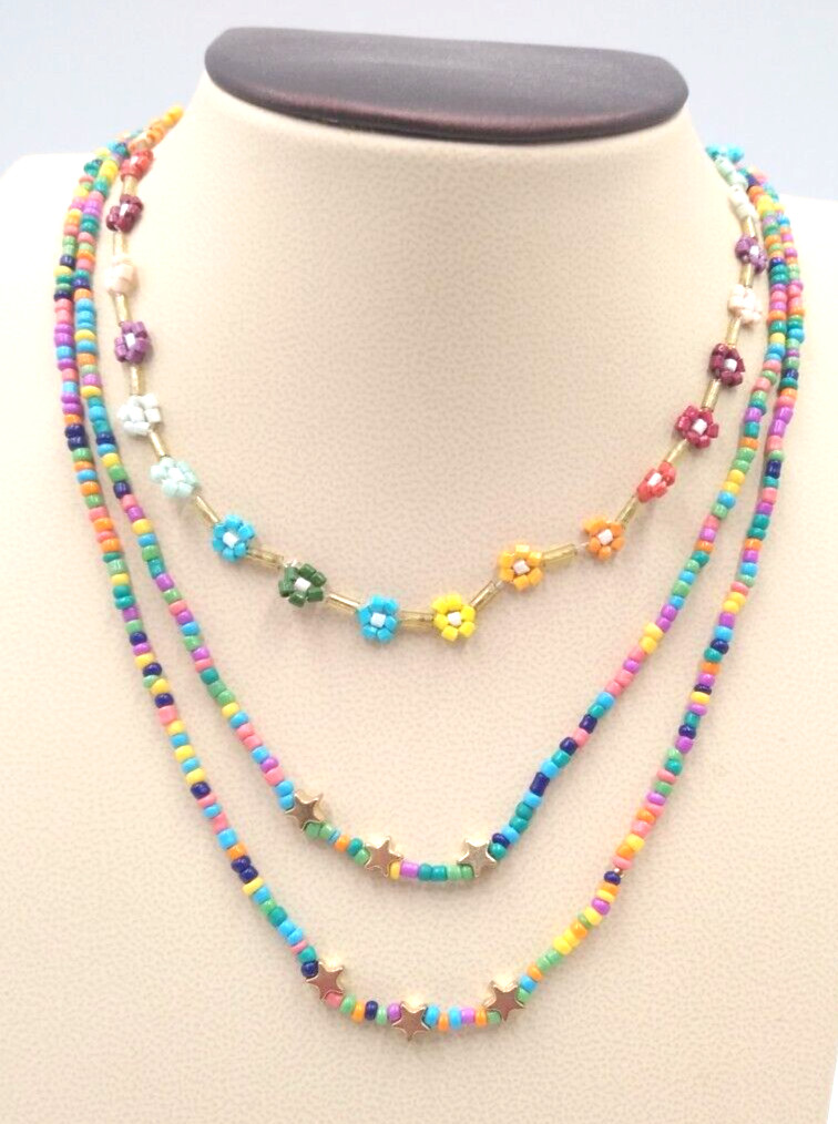 Lot of 3 Sweet Colorful Beaded Necklaces, 15″, 17″, 18″ Mix Match Wear 1 or All