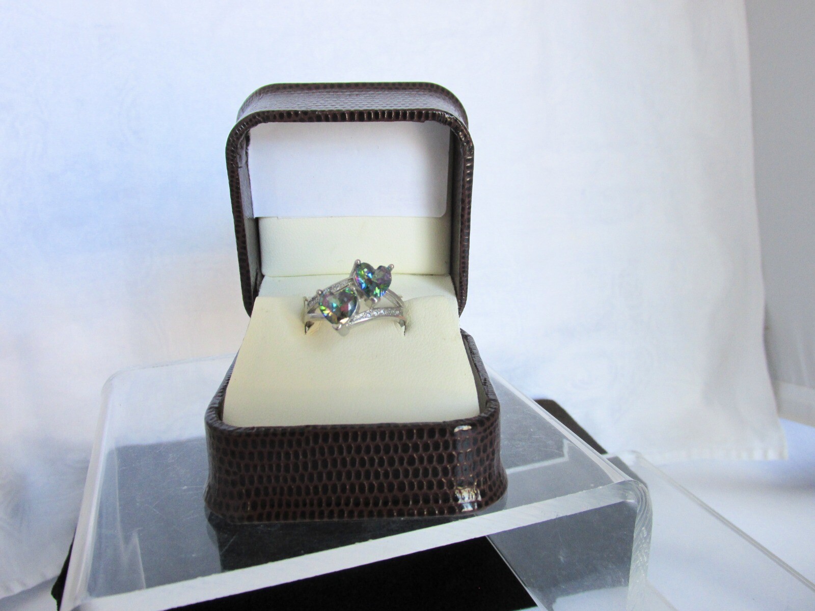 Vintage 925 Sterling Silver Mystic Topaz Double Hearts Ring Signed Sz 6