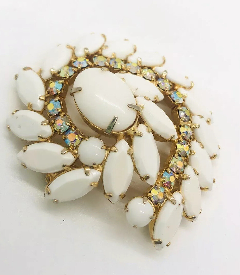 Juliana Delizza & Elster Large White & AB Rhinestone Brooch Vintage Jewelry