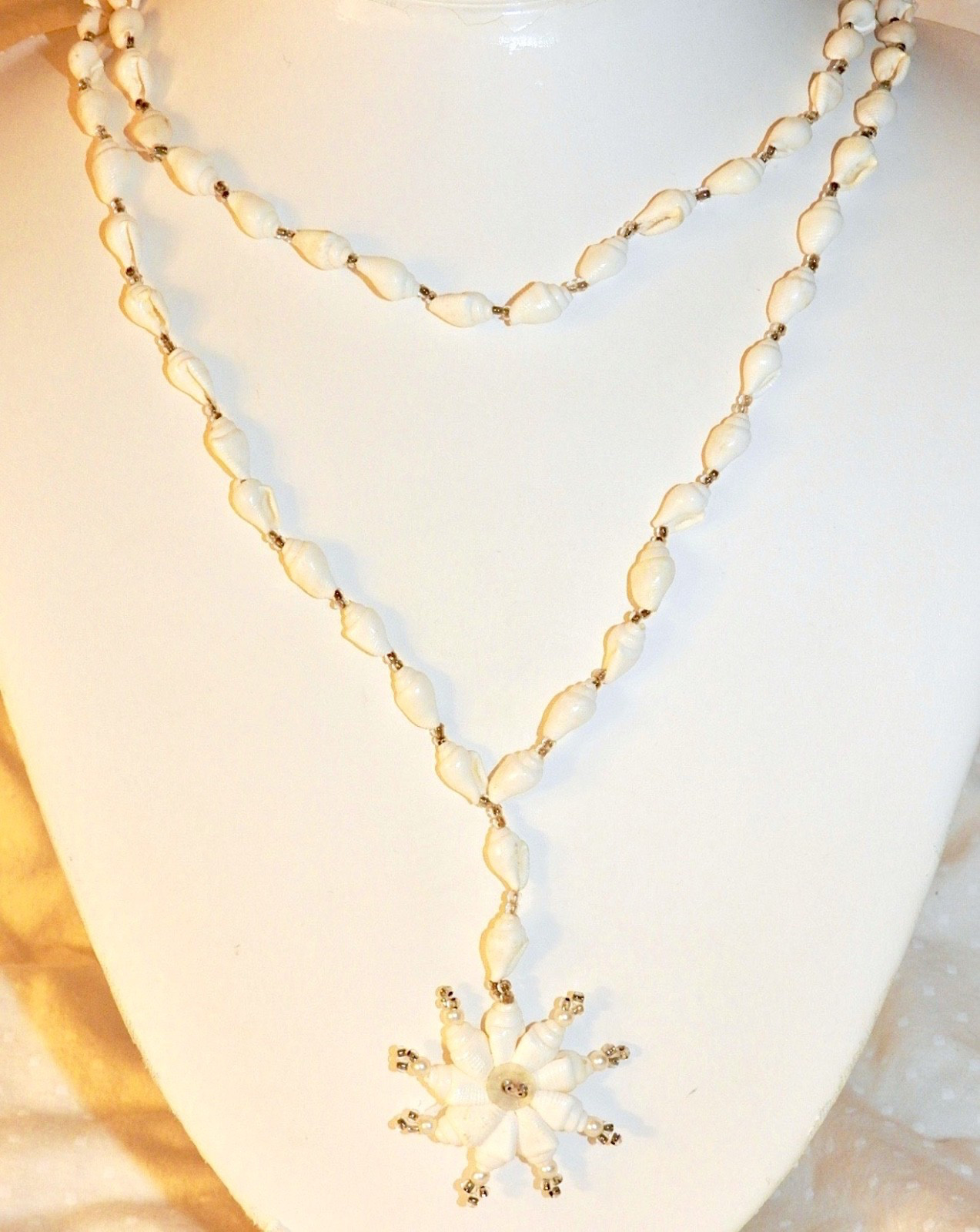 Vintage Shell Necklace Long Handmade with Beads and White Conch Pendant