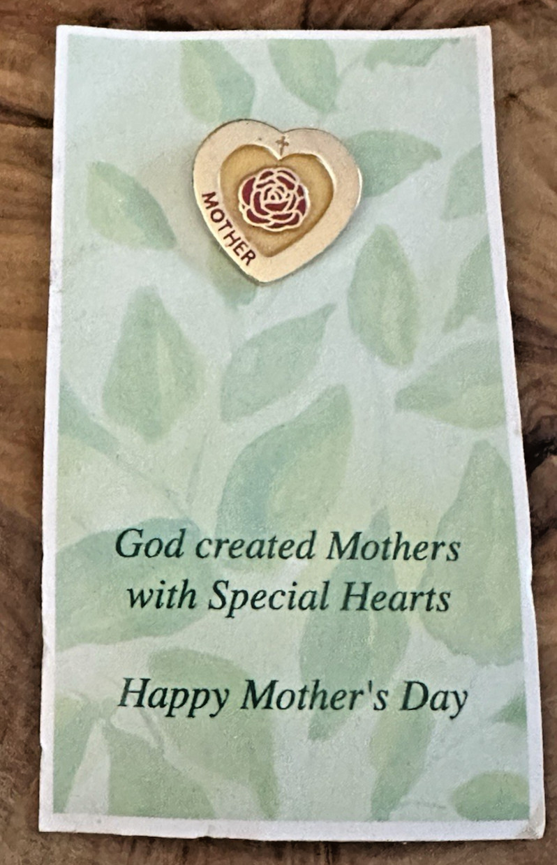 Valley Casting Gold Tone Heart Pin Small Cross Mothers Day Vintage On Card