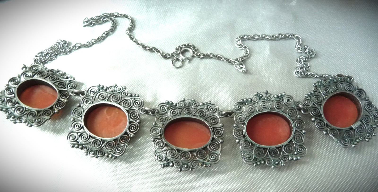 FABULOUS RARE ANTIQUE STERLING 800 SHELL CAMEO CANNETILLE CUPID CHARIOT NECKLACE