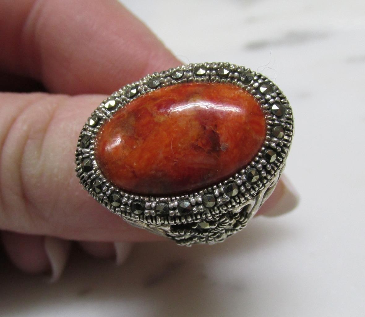 Sponge Coral Sterling Silver Ring w/ Marcasites ~ Size 6.5 ~ 9.8g ~ 12-A682