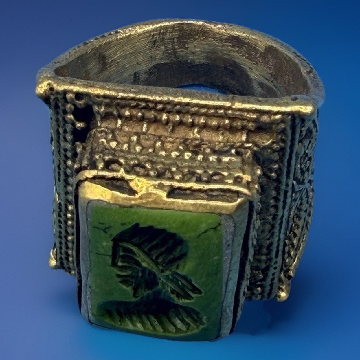 Old World Style Intaglio Ring – Green Engraved Stone, Ornate Scrollwork Band
