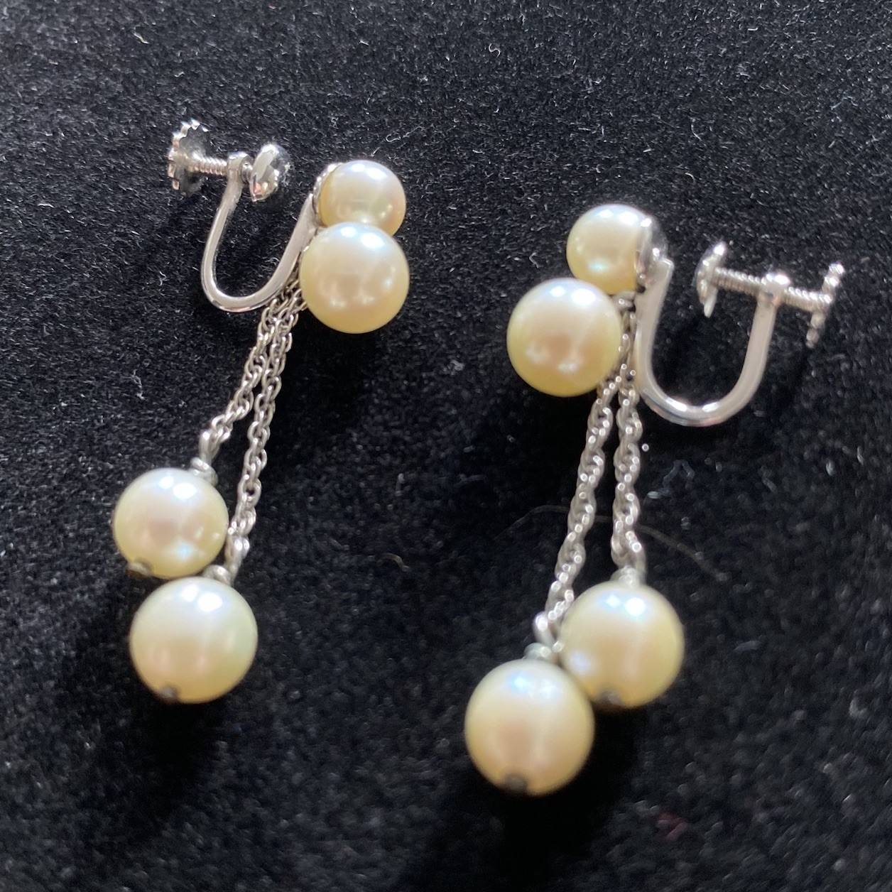 Earrings Champagne Pearls & White Gold 10K Dangle Drop w/ Screw Backs Vintage