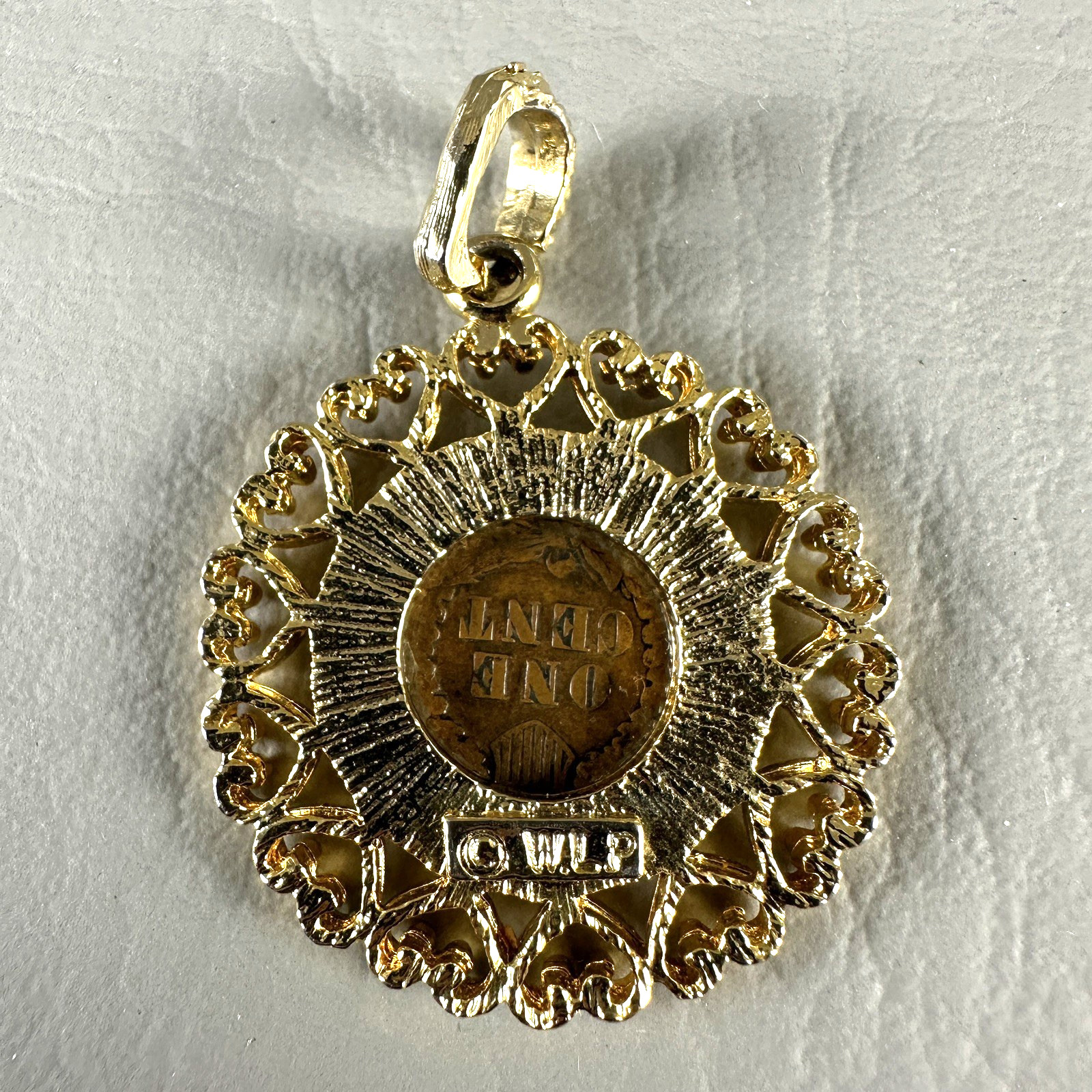 Vintage Indian Head Penny Pendant Coin Heart Filigree Gold Tone Charm 1902
