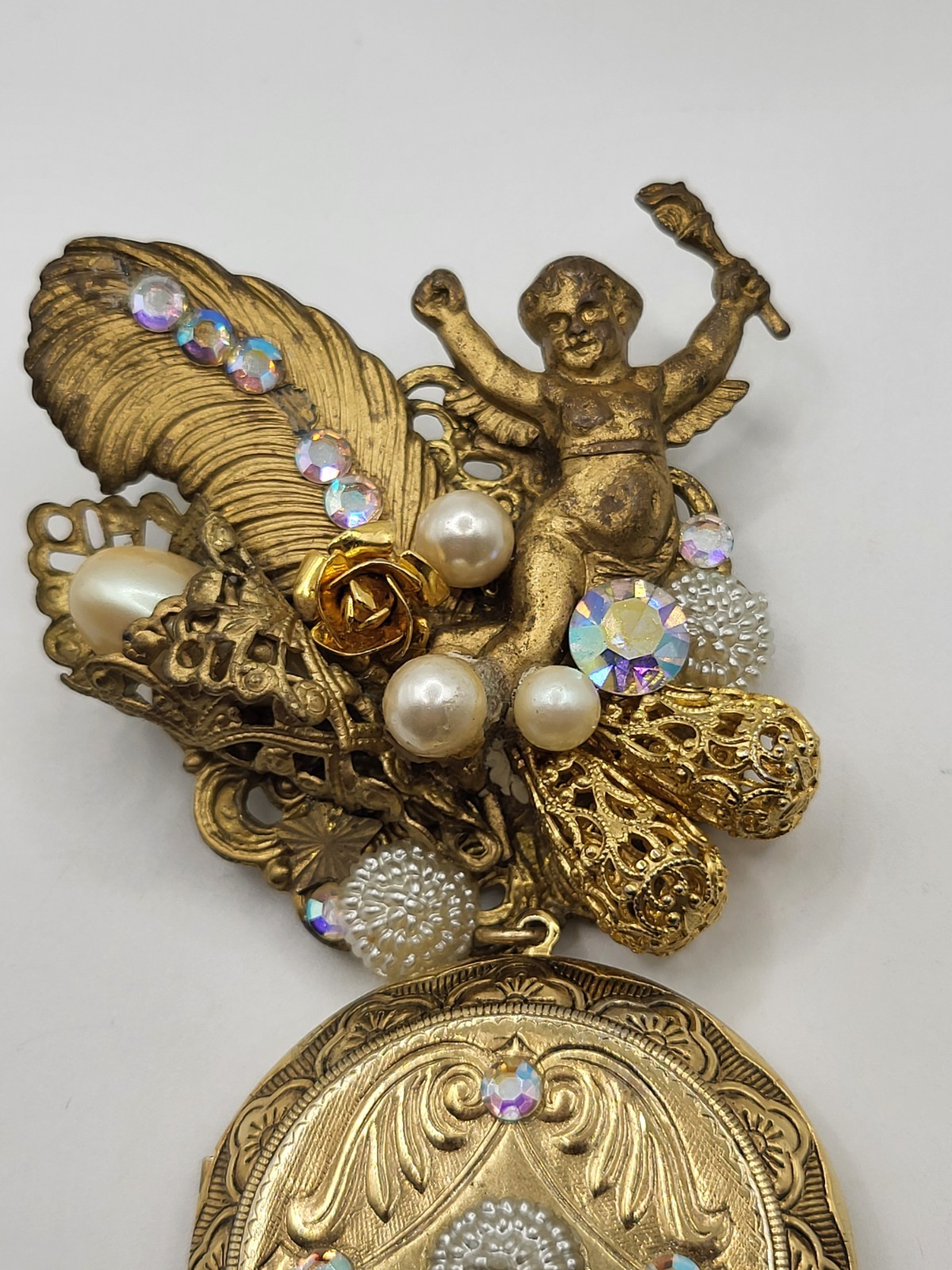 Victorian Revival Gold Tone Ornate Angel Brooch Locket AB Crystals Faux Pearls