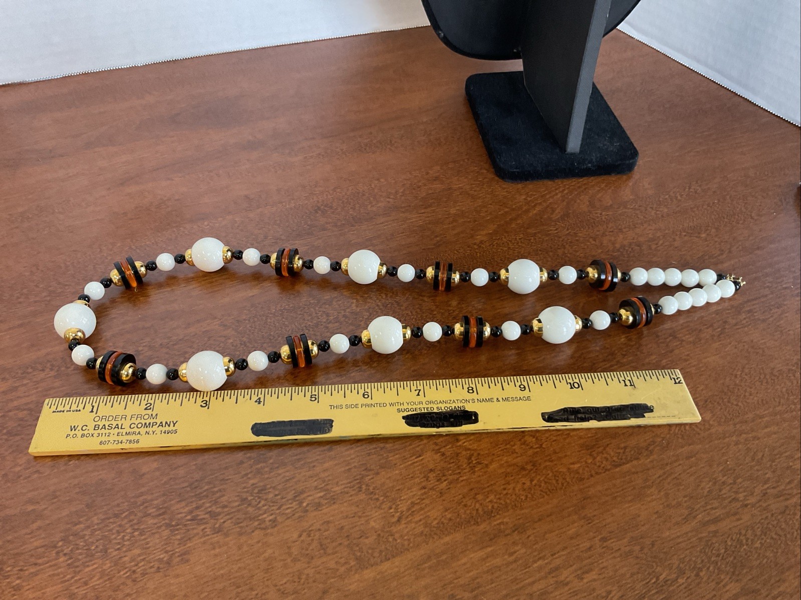 Vintage Trifari Gold Tone Cream Black Orange Plastic Beaded Statement Necklace G