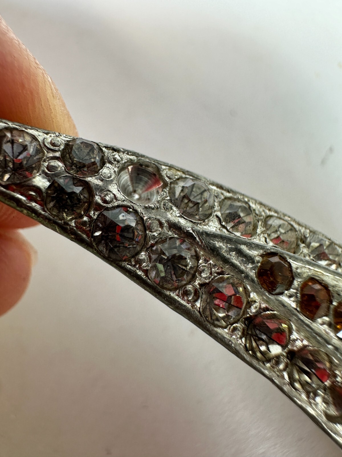 Vintage Brooch Horn Shape Pot Metal Large Clear and Brown MISSING STONES