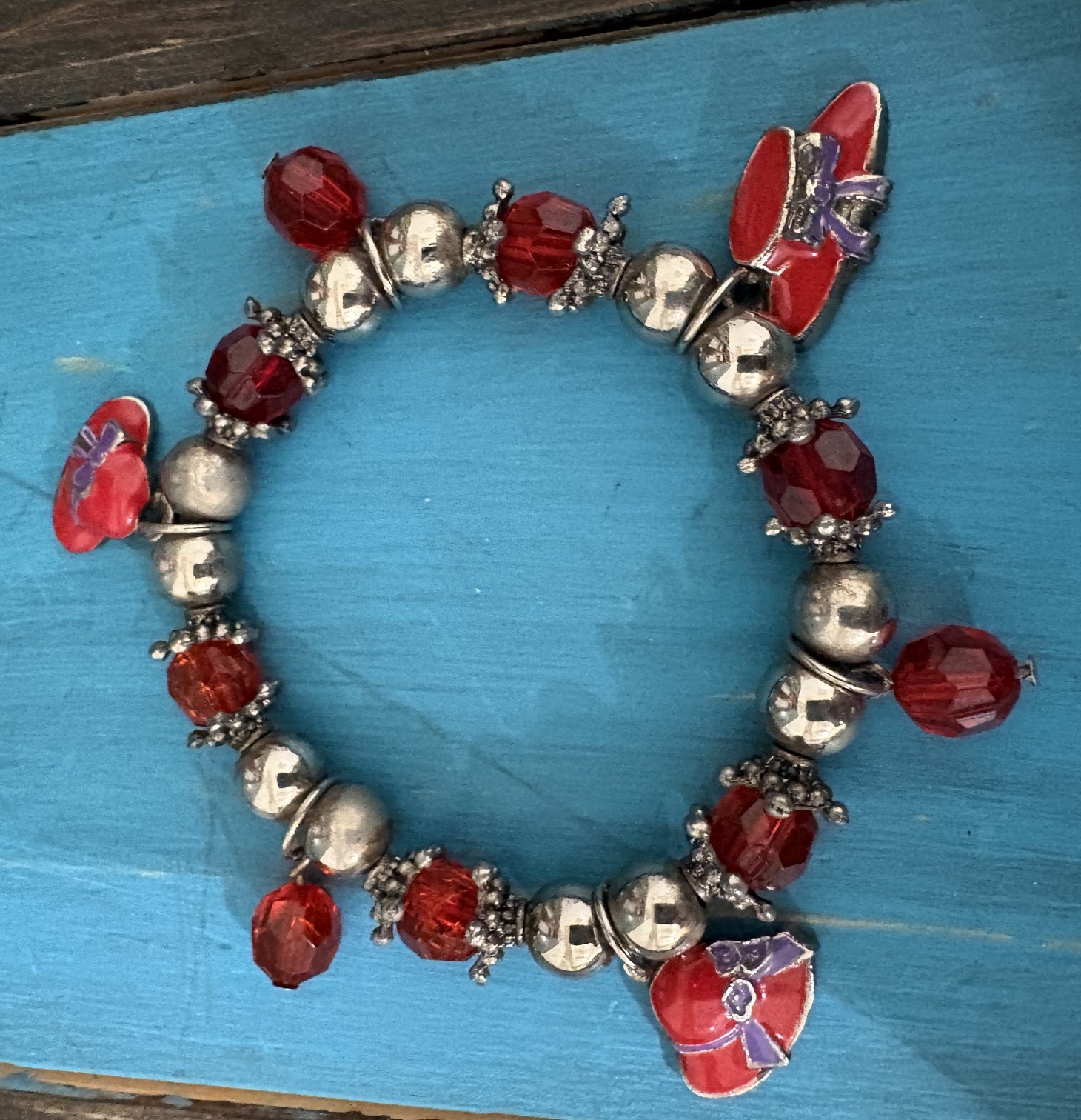 Vintage Red Hat Society Stretch Red and Silver Beaded Charm Bracelet